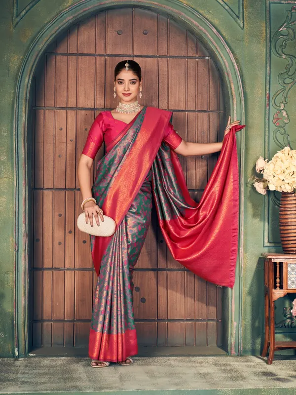 Premium_Zari_Silk_Saree_Rani_Pink_And_Teal_Green_(SQ1001-01)