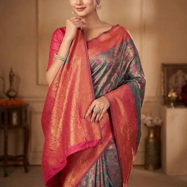 Premium_Zari_Silk_Saree_Rani_Pink_And_Teal_Green_(SQ1001-01)