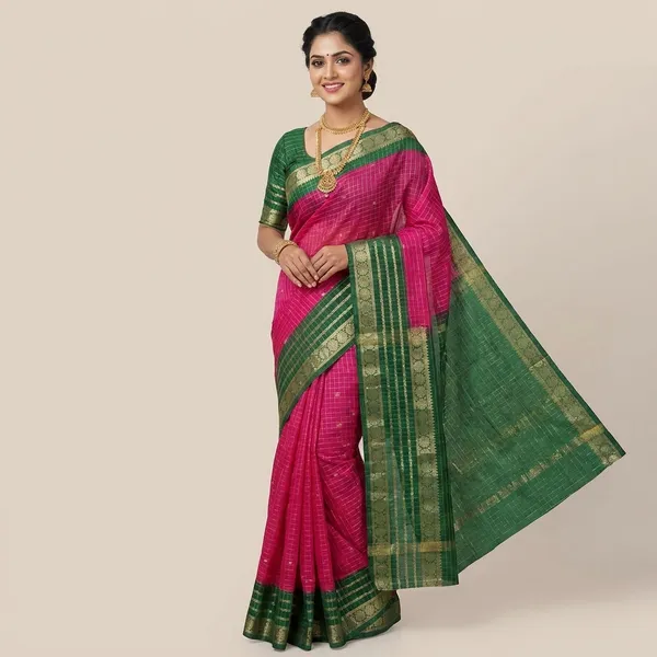 Premium_Pink_Dola_Silk_Saree_With_Bottle_Green_Jacquard_Border_(SQ1002-02)