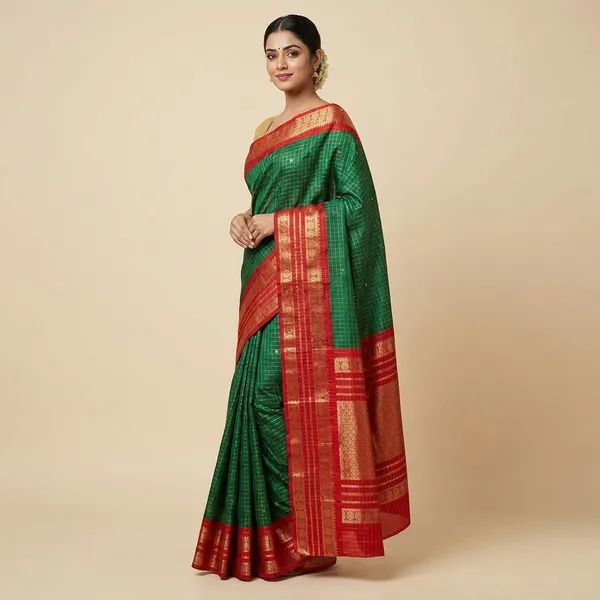 Premium_Bottle_Green_Dola_Silk_Saree_With_Red_Jacquard_Design_(SQ1002-03)