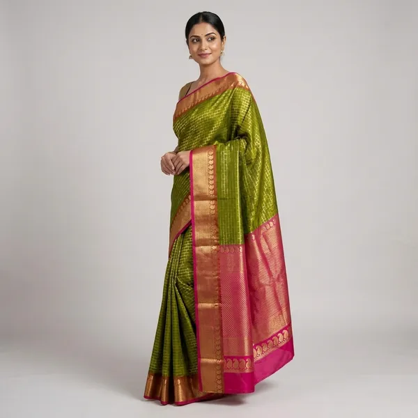 Olive_Green_Banarasi_Soft_Silk_Saree_With_Rani_Pink_Zari_Border_(SQ1009-02)