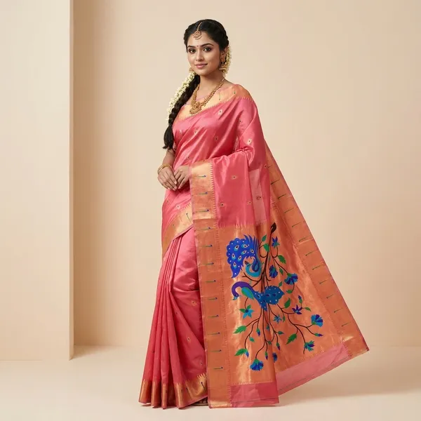 Coral_Soft_Organza_Silk_Saree_With_Munia_Paithani_Border_(SQ1012-03)