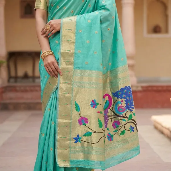 Aqua_Soft_Organza_Silk_Saree_With_Munia_Paithani_Border_(SQ1012-06)