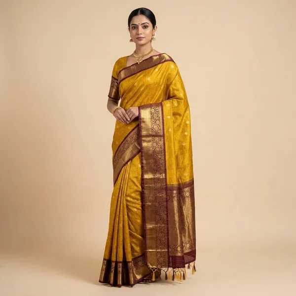 Yellow_Banarasi_Silk_Checks_Saree_With_Rich_Zari_Border_(SQ1016)