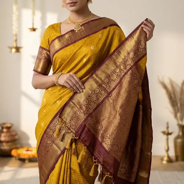 Yellow_Banarasi_Silk_Checks_Saree_With_Rich_Zari_Border_(SQ1016)