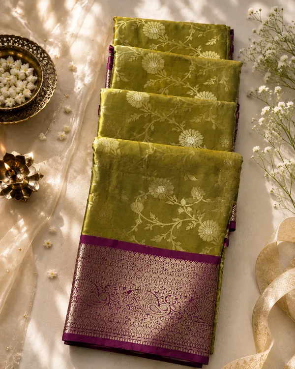 Olive_Green_Floral_Banarasi_Semi_Silk_Saree_with_Purple_Pallu_-_SQ1026