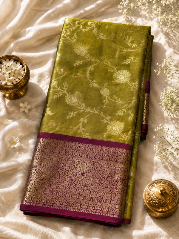 Olive_Green_Floral_Banarasi_Semi_Silk_Saree_with_Purple_Pallu_-_SQ1026