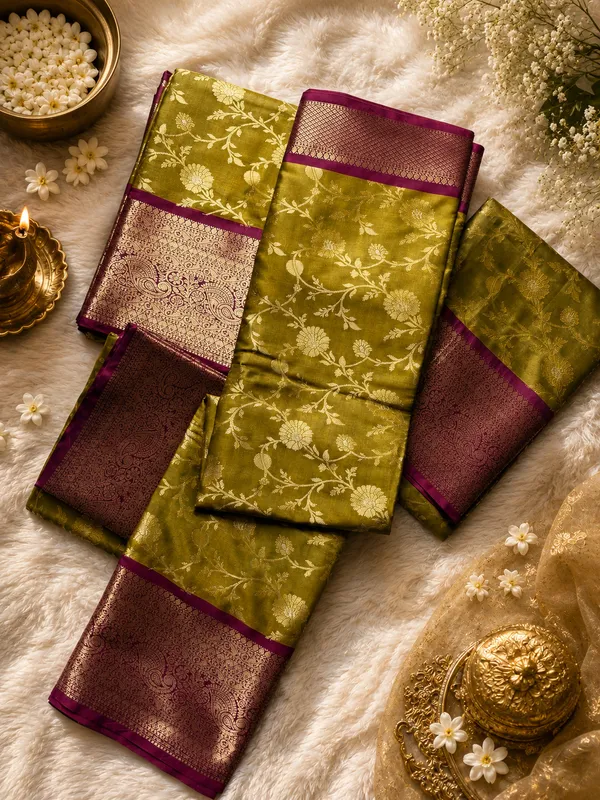 Olive_Green_Floral_Banarasi_Semi_Silk_Saree_with_Purple_Pallu_-_SQ1026