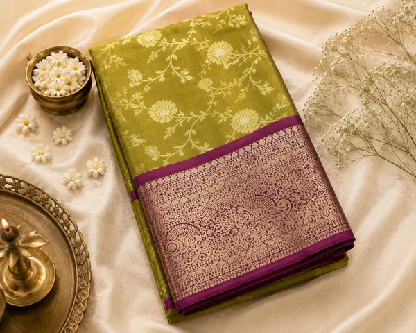 Olive_Green_Floral_Banarasi_Semi_Silk_Saree_with_Purple_Pallu_-_SQ1026
