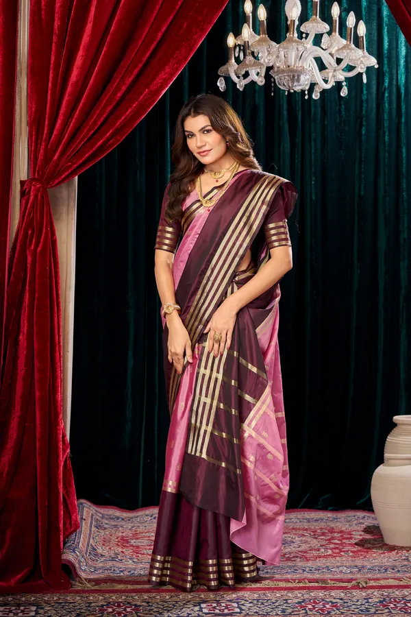Pink_Banarasi_Semi_Silk_Saree_with_Wine_Zari_Striped_Border_&_Pallu_-_SQ1029