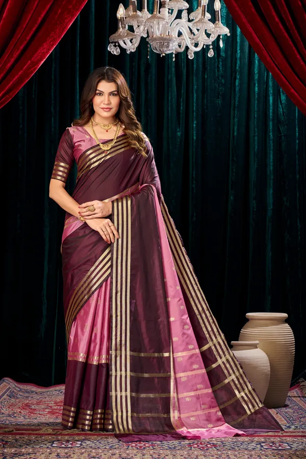 Pink_Banarasi_Semi_Silk_Saree_with_Wine_Zari_Striped_Border_&_Pallu_-_SQ1029