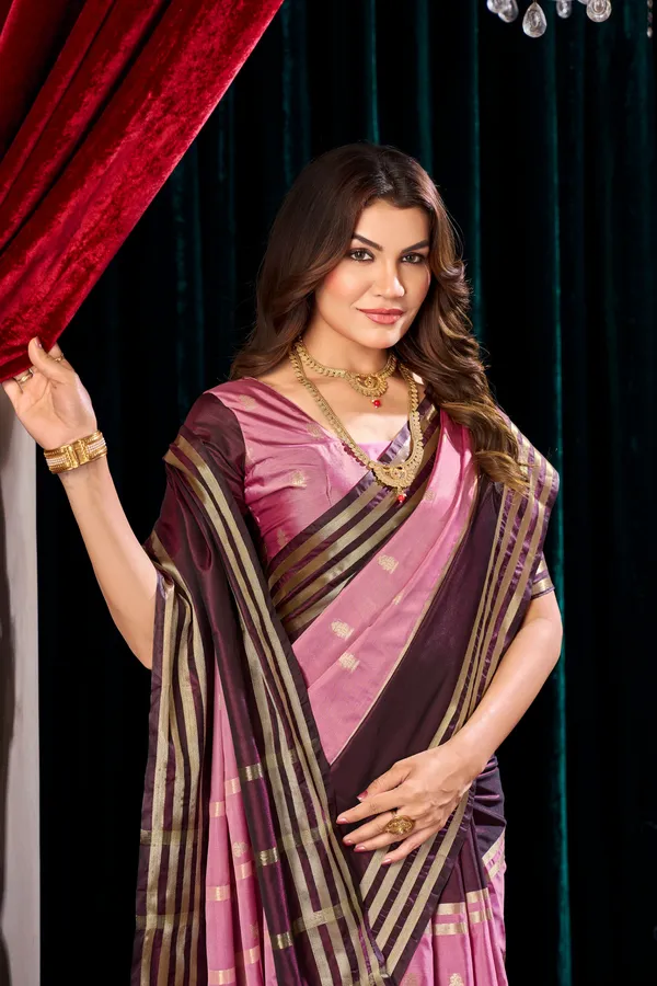 Pink_Banarasi_Semi_Silk_Saree_with_Wine_Zari_Striped_Border_&_Pallu_-_SQ1029