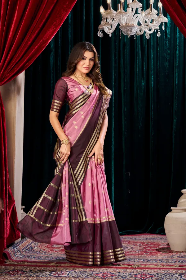 Pink_Banarasi_Semi_Silk_Saree_with_Wine_Zari_Striped_Border_&_Pallu_-_SQ1029