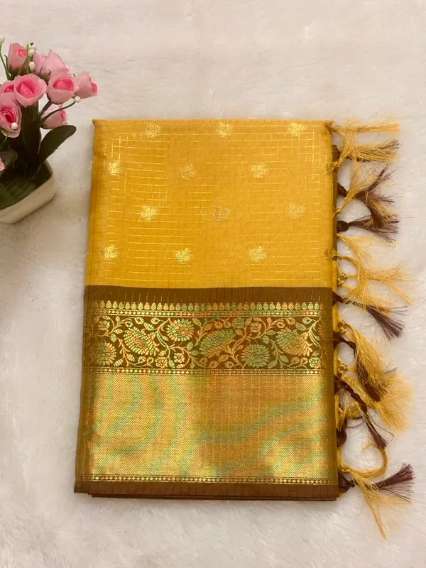 Yellow_Banarasi_Silk_Checks_Saree_With_Rich_Zari_Border_(SQ1016)