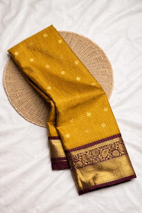Yellow_Banarasi_Silk_Checks_Saree_With_Rich_Zari_Border_(SQ1016)