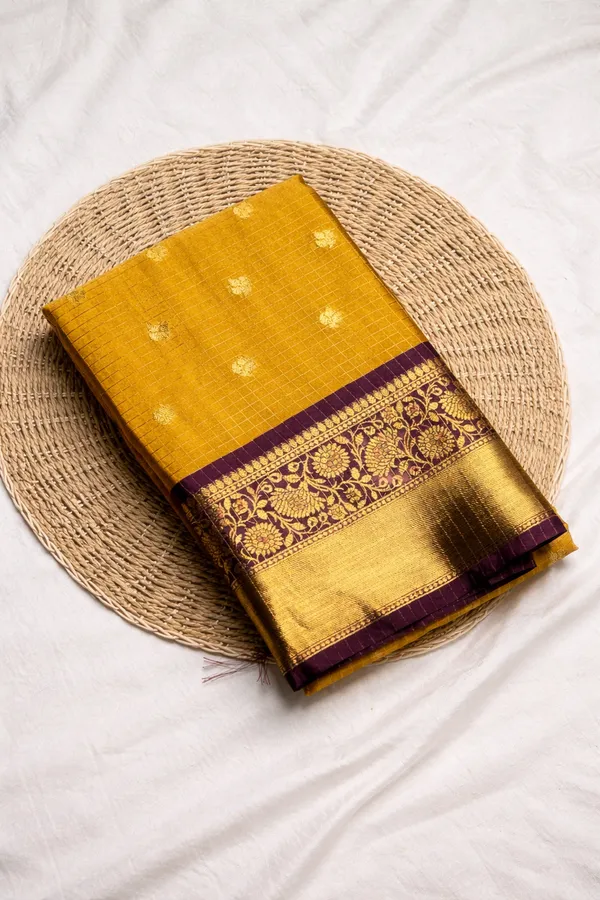 Yellow_Banarasi_Silk_Checks_Saree_With_Rich_Zari_Border_(SQ1016)