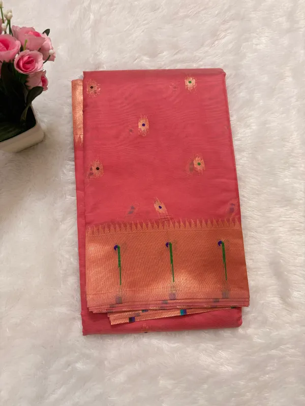 Coral_Soft_Organza_Silk_Saree_With_Munia_Paithani_Border_(SQ1012-03)