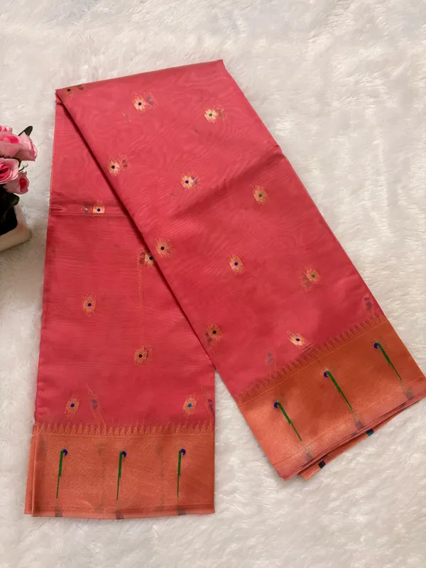 Coral_Soft_Organza_Silk_Saree_With_Munia_Paithani_Border_(SQ1012-03)