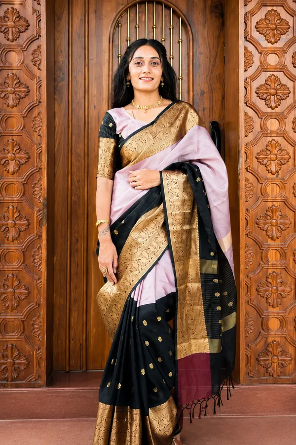 Pink_&_Black_Half_and_Half_Tissue_Kanjivaram_Saree_|_Gold_Zari_Buti_&_Temple_Border_–_SQ1024