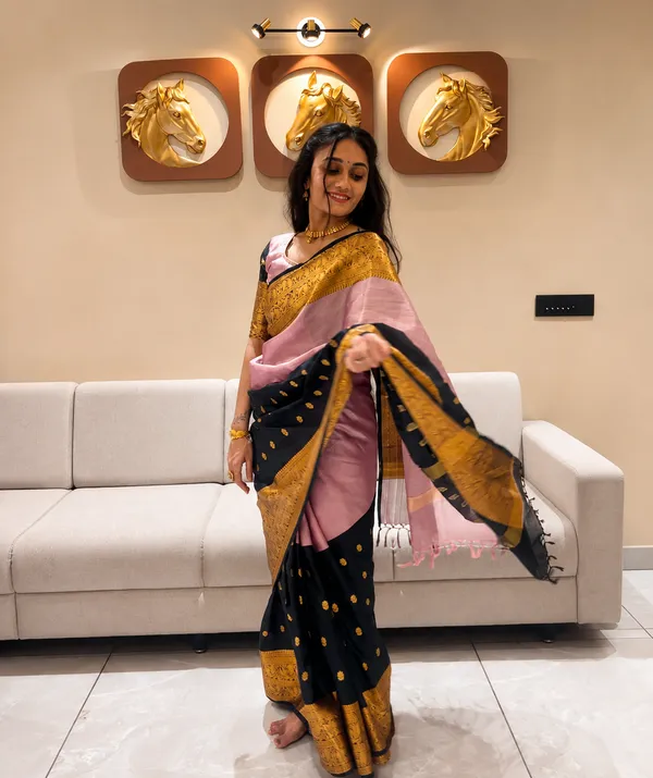 Pink_&_Black_Half_and_Half_Tissue_Kanjivaram_Saree_|_Gold_Zari_Buti_&_Temple_Border_–_SQ1024