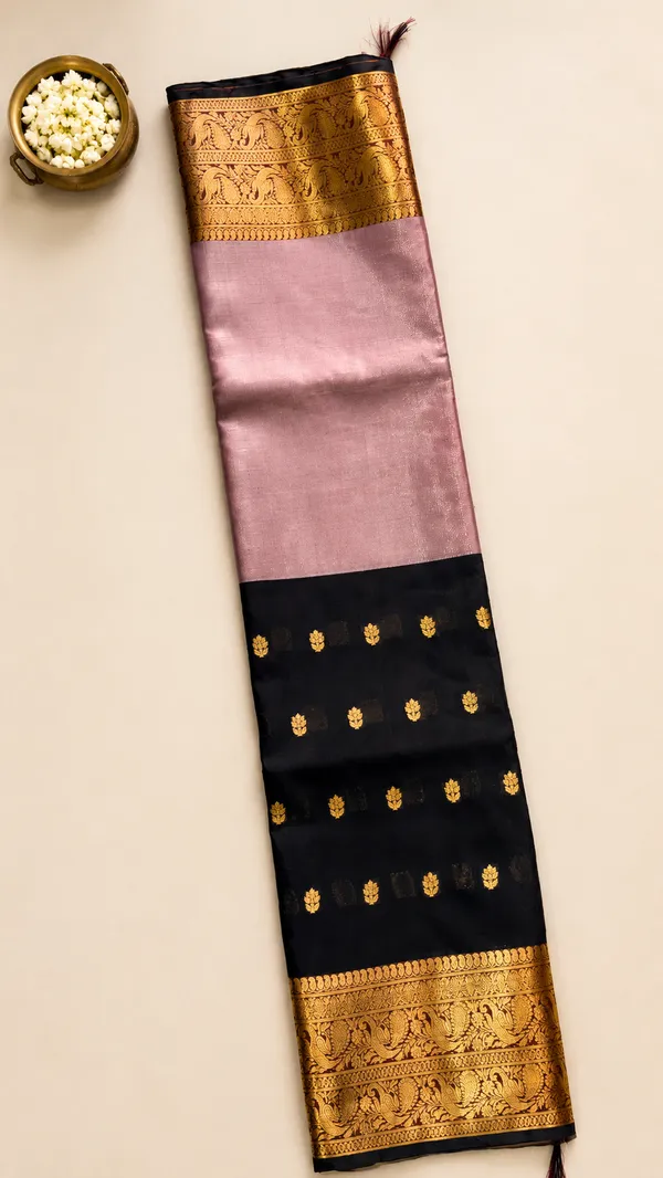 Pink_&_Black_Half_and_Half_Tissue_Kanjivaram_Saree_|_Gold_Zari_Buti_&_Temple_Border_–_SQ1024