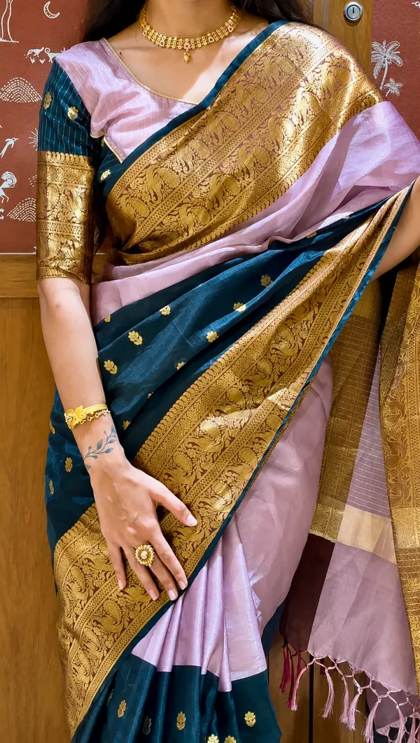 Pink_&_Black_Half_and_Half_Tissue_Kanjivaram_Saree_|_Gold_Zari_Buti_&_Temple_Border_–_SQ1024
