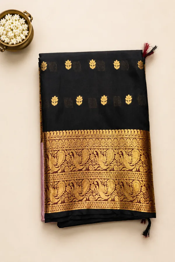 Pink_&_Black_Half_and_Half_Tissue_Kanjivaram_Saree_|_Gold_Zari_Buti_&_Temple_Border_–_SQ1024