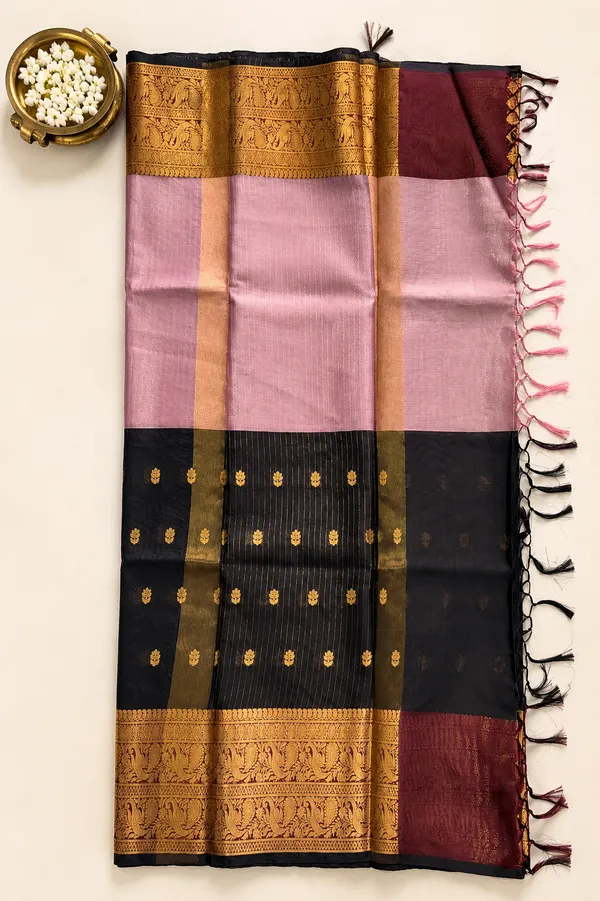Pink_&_Black_Half_and_Half_Tissue_Kanjivaram_Saree_|_Gold_Zari_Buti_&_Temple_Border_–_SQ1024