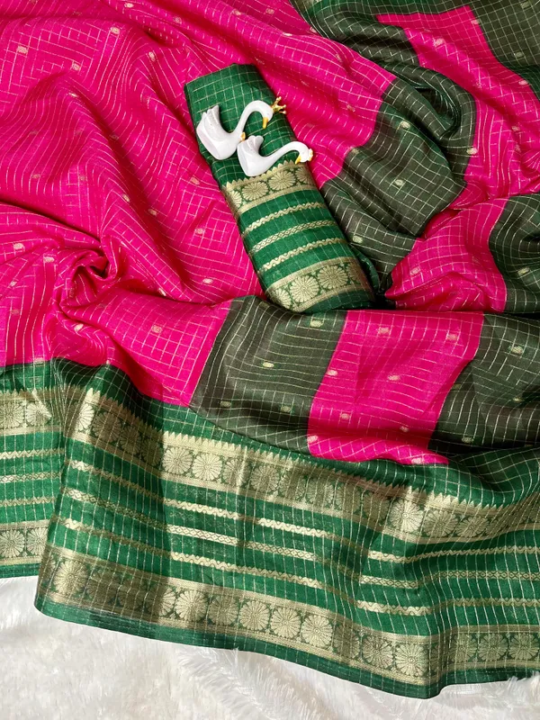 Premium_Pink_Dola_Silk_Saree_With_Bottle_Green_Jacquard_Border_(SQ1002-02)