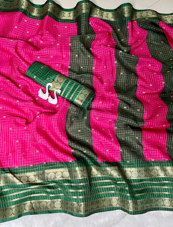 Premium_Pink_Dola_Silk_Saree_With_Bottle_Green_Jacquard_Border_(SQ1002-02)