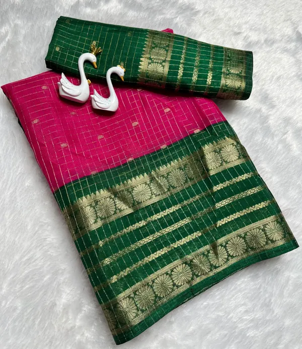 Premium_Pink_Dola_Silk_Saree_With_Bottle_Green_Jacquard_Border_(SQ1002-02)