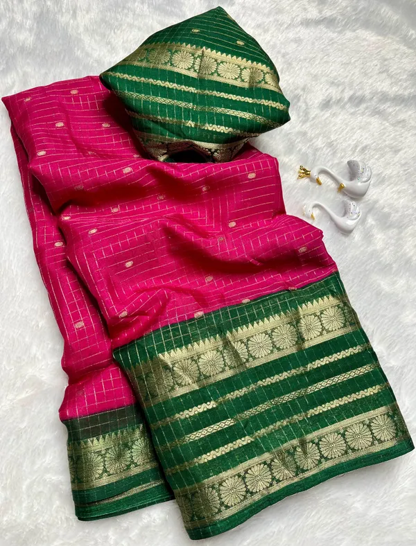 Premium_Pink_Dola_Silk_Saree_With_Bottle_Green_Jacquard_Border_(SQ1002-02)