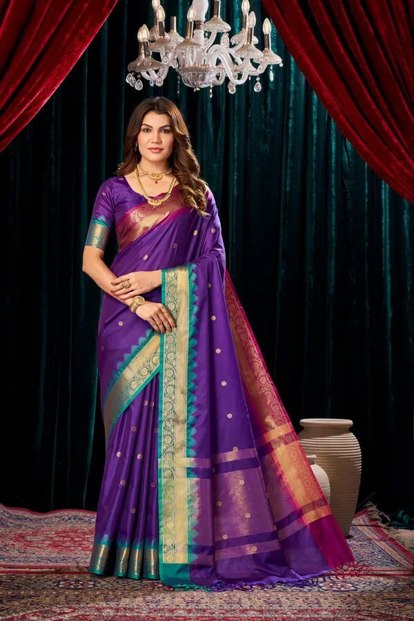 Banarasi_Semi_Silk_Saree_With_Buti_Design_&_Contrast_Zari_Border_-_SQ1028
