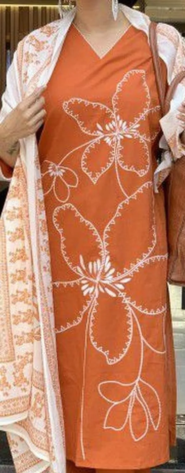 Orange_Floral_Embroidered_Suit_Set_With_White_Dupatta_For_Women