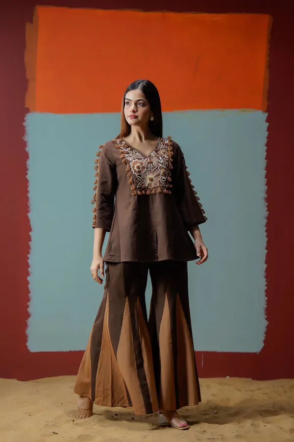 Brown_Embroidered_Kurta_Set_With_Flared_Palazzo_Pants_For_Women