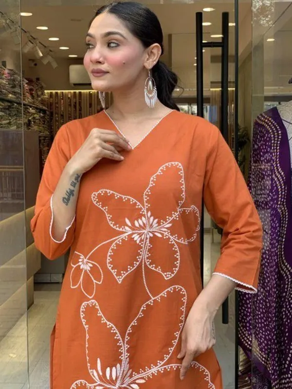 Orange_Floral_Embroidered_Suit_Set_With_White_Dupatta_For_Women