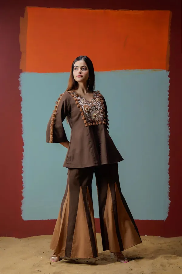 Brown_Embroidered_Kurta_Set_With_Flared_Palazzo_Pants_For_Women