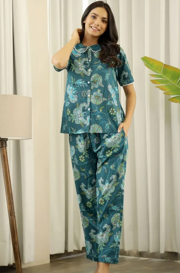 Green_Floral_Print_Cotton_Night_Suit_Set_For_Women