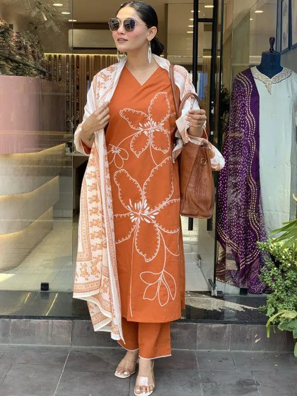 Orange_Floral_Embroidered_Suit_Set_With_White_Dupatta_For_Women