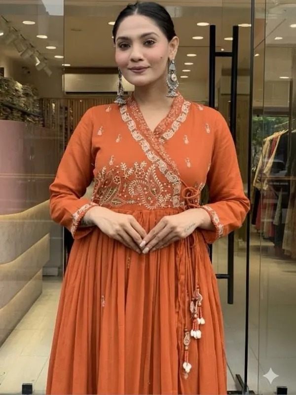 Orange_Embroidered_Angrakha_Style_Anarkali_Suit_Set_For_Women