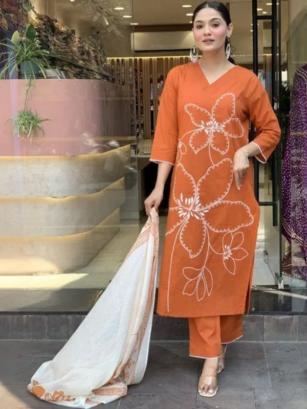 Orange_Floral_Embroidered_Suit_Set_With_White_Dupatta_For_Women