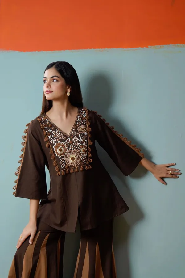 Brown_Embroidered_Kurta_Set_With_Flared_Palazzo_Pants_For_Women