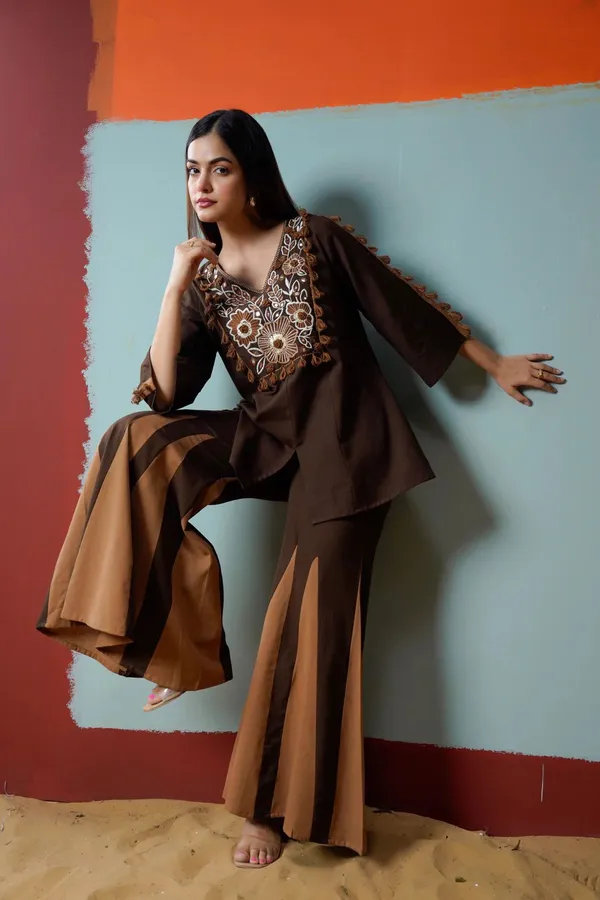 Brown_Embroidered_Kurta_Set_With_Flared_Palazzo_Pants_For_Women