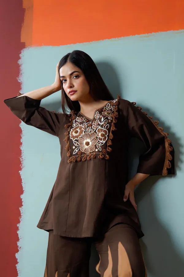 Brown_Embroidered_Kurta_Set_With_Flared_Palazzo_Pants_For_Women