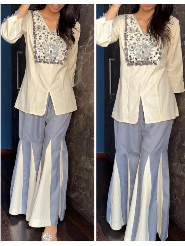 Off_White_Embroidered_Kurta_Set_With_Flared_Pants_For_Women