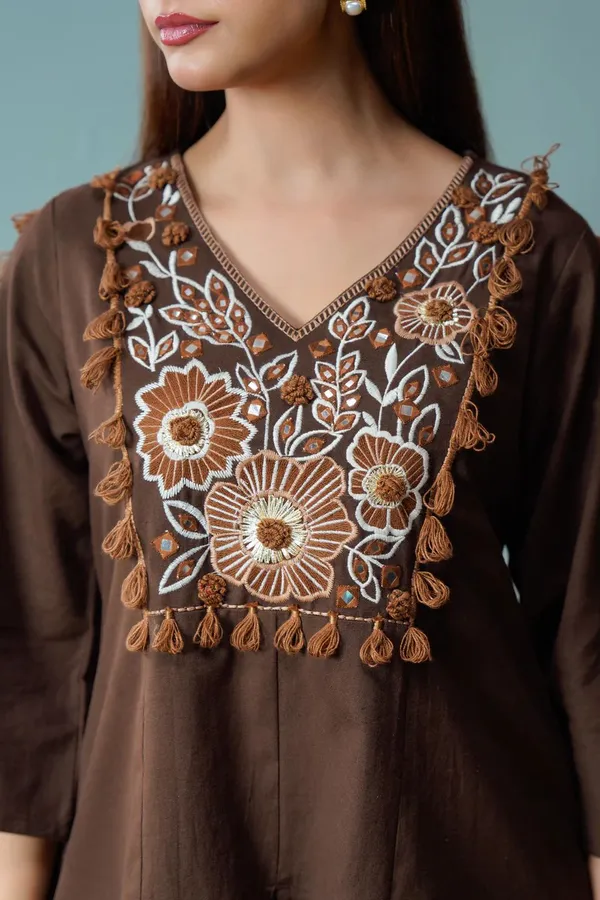 Brown_Embroidered_Kurta_Set_With_Flared_Palazzo_Pants_For_Women