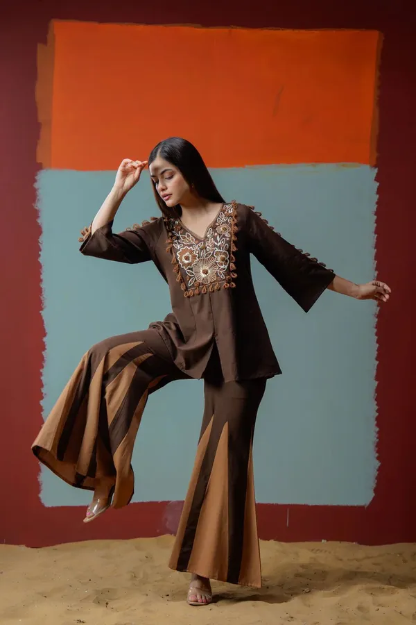 Brown_Embroidered_Kurta_Set_With_Flared_Palazzo_Pants_For_Women