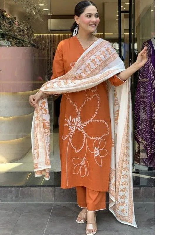 Orange_Floral_Embroidered_Suit_Set_With_White_Dupatta_For_Women
