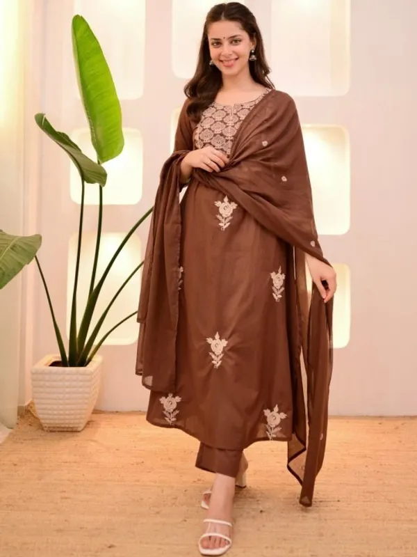 Brown_Elegant_Embroidered_Kurta_Set_With_Dupatta_For_Women