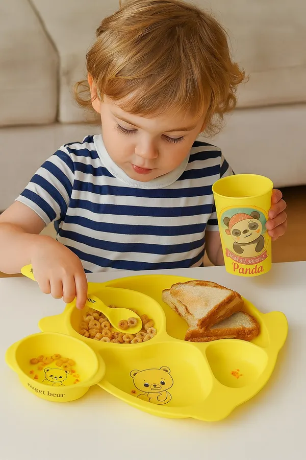 Yellow_Dinnerware_Fish_Shaped_Divided_Plate_2_Bowls_1_Cup_1_Spoon_And_1_Fork